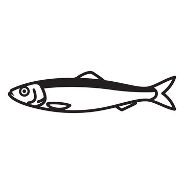 Anchovy fish line art icon minimalist black and white vector illustration for seafood logo and menu design