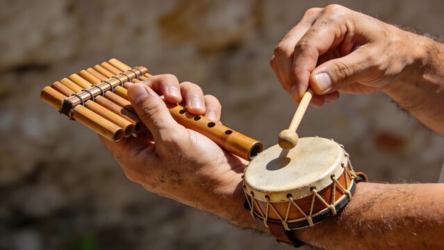 Musician hands playing traditional Andorran Flabiol flute and Tambor&iacute; drum together