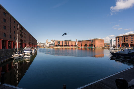 View of Liverpool Waterfront With Boats and Buildings 