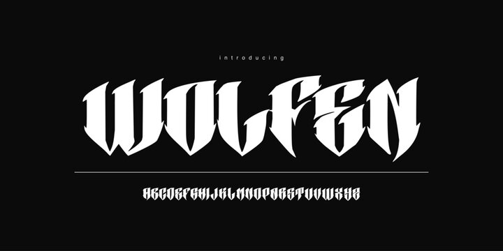 Wolfen: A fierce predator font. Sharp wolf fang blackletter display typeface for esports branding, tattoo logos, and metal art.