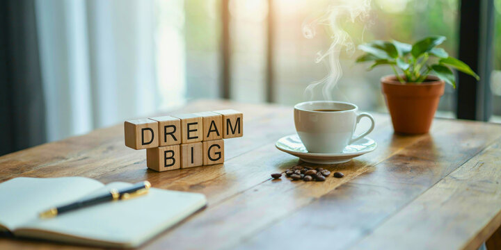 Wooden blocks spelling dream big on desk with coffee and notebook representing ambition, vision setting and entrepreneurial motivation concept