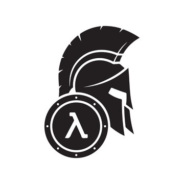 Spartan helmet and shield vector icon with lambda symbol black silhouette for warrior mascot or historical logo