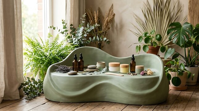 Spa beauty products and massage stones on a modern grey wavy bench in a bright sunlit room with many green plants