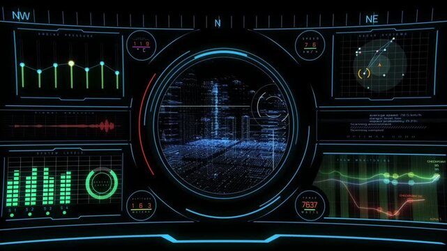 A sophisticated data visualization of a fighter jet cockpit or a sci-fi control center. In the center, a large circular holographic 3D scanning radar maps a blue digital cityscape (cyber city).