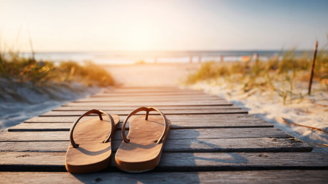 Flip flops resting on wooden boardwalk leading to a serene beach during a warm summer sunset