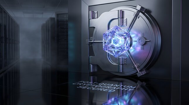 A sleek unbranded metallic safe door with a glowing blue combination lock sits ajar in a dimly lit vault room interior.