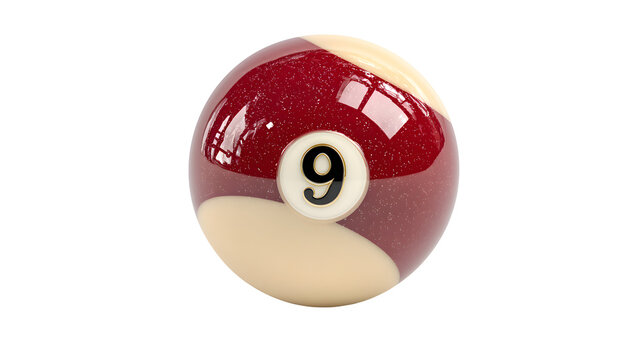 Nine ball, red and beige billiard ball with number 9 for pool game, clean white background