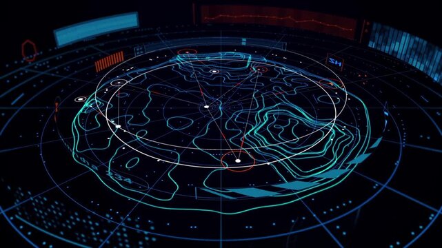 The circular visualization resembles a military radar or sci-fi technology with neon contour lines in dark blue and cyan. 