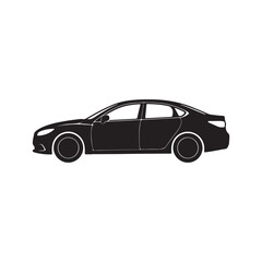 Obraz premium Black silhouette of a sedan car side view on white background with black graphic, car icon