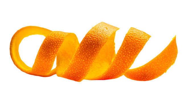 Orange peel on clean white background, citrus fruit rind spiral for food design and healthy eating concepts, vibrant color