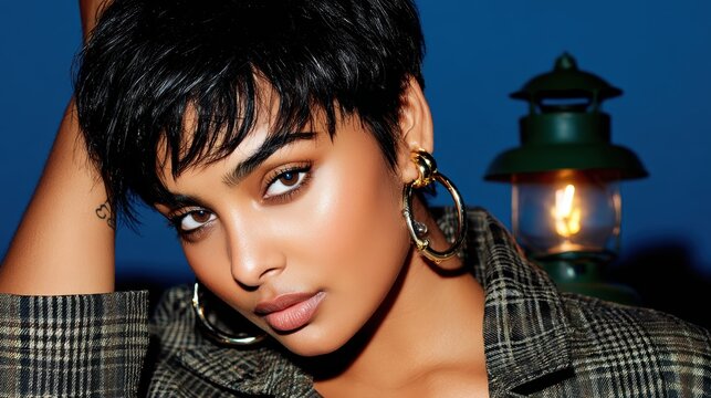 Stylish Portrait of a Woman: A striking young woman with a chic pixie haircut and large hoop earrings poses confidently, her gaze captivating and enigmatic.