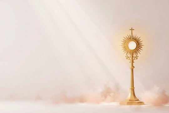 Corpus Christi Eucharistic Monstrance with Radiant Blessed Sacrament in Sacred Light and Incense. Generative AI.