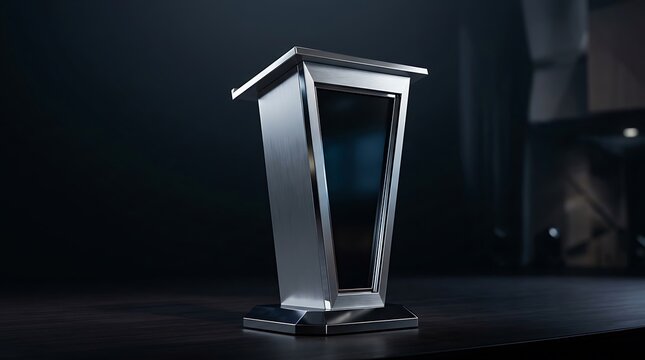 Modern metal podium stand for speeches and business presentations on a dark stage with professional studio lighting