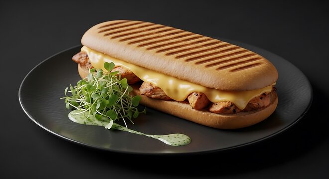 A delicious chicken parmesan sub featuring breaded poultry, melted mozzarella cheese, and rich marinara sauce served on a toasted bun on a neutral studio platform