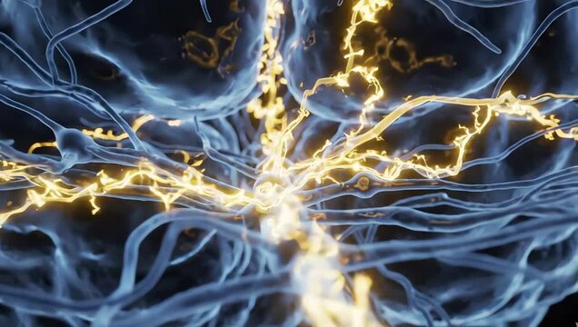 Neural pathways inside the brain receiving hunger signals, glowing electrical pulses spreading through transparent synapses in smooth synchronized motion