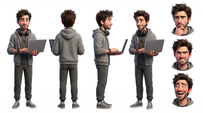 Remote Software Developer 3D Character Sheet Front Back Side Three Quarter Views Face Expressions Happy Angry Surprised

