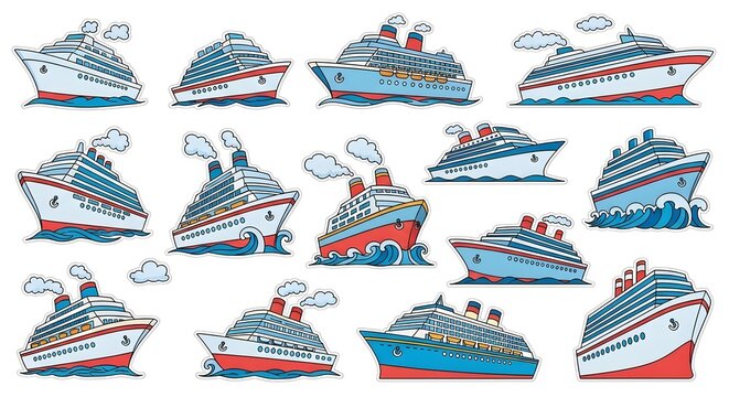 Vector cartoon cruise ship sticker set, cute ocean liner icons with colorful hulls and steam clouds sailing on blue waves, isolated on a white background