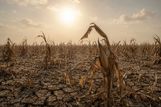 Dried Dead Corn Crops in Cracked Earth Field During Extreme Drought