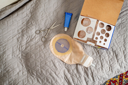 Ostomy bag and paste for fixing to the bed.