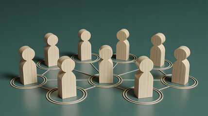 Obraz premium Wooden people icons connected in a network on green background