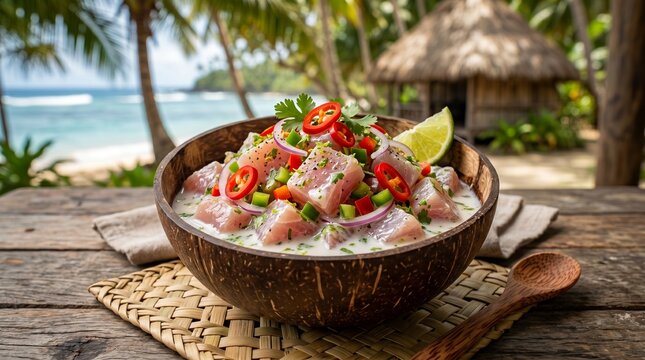 Traditional Māori Hangi food served in a coconut shell bowl outdoors