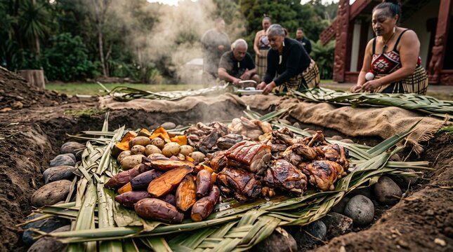 Māori people preparing a traditional Hāngī feast in an earth oven to celebrate their rich ancestral culinary food culture