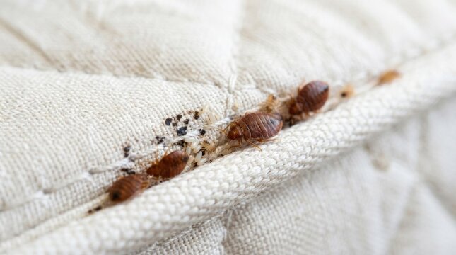 Several bed bugs cling to a beige cotton sheet. The bugs are brown and appear to be in the process of feeding.