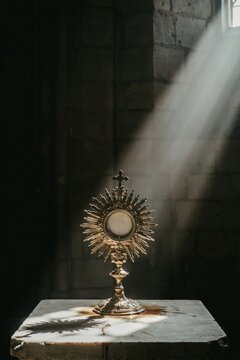 Corpus Christi Eucharistic Monstrance Divine Light Sacred Catholic Altar Worship Art. Generative AI.