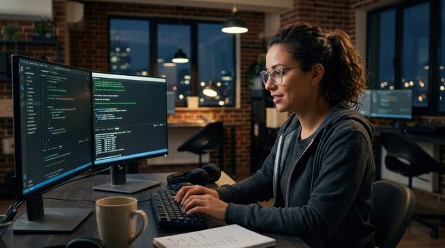 A young woman is intently focused on coding on two computer monitors. She wears glasses and a gray hoodie, and sits at a desk with a mug and notebook.