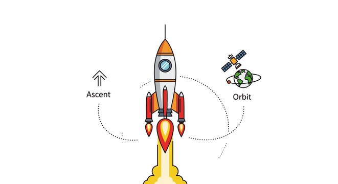 Colorful rocket launching into space with orbit path.