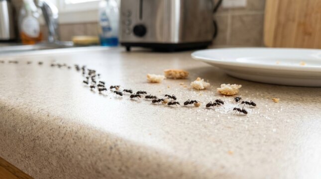A line of ants crawls across a kitchen countertop, attracted to crumbs of bread. The ants are moving along a trail of food debris.