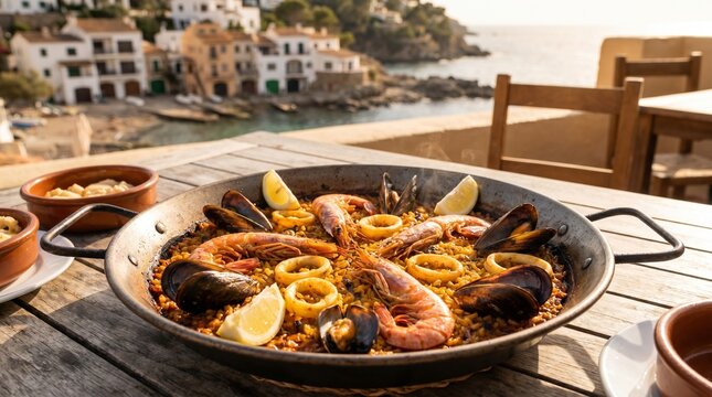 Gourmet seafood paella dish with mussels, shrimp, and squid rings on a wooden table overlooking a serene coastal town by the sea.