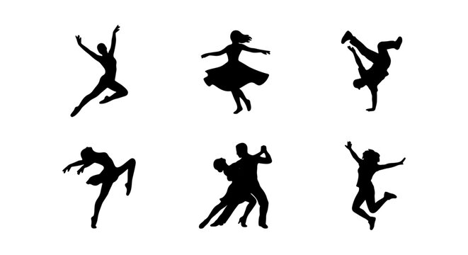 Dynamic dancer silhouettes set, 6 black vector figures in motion, ballet and breakdance performance icons, athletic people dancing on white background