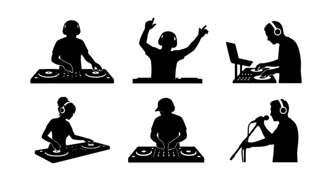 DJ silhouette vector set, professional disc jockey performing with turntables and mixer, club music performer icons, 6 black silhouettes for party posters