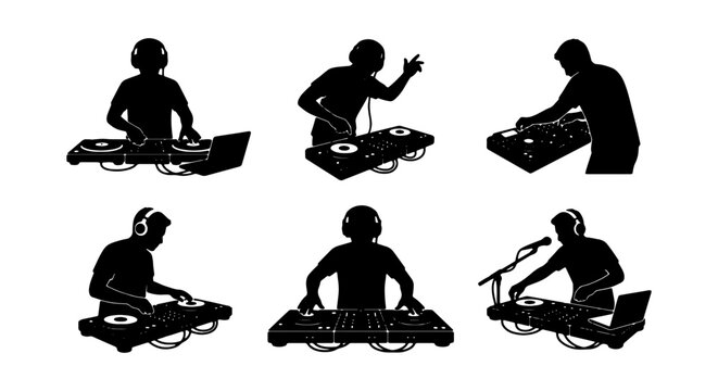 Professional DJ silhouette set, 6 black vector icons of disc jockeys mixing music, club performer silhouettes with turntables and headphones