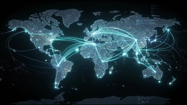 Digital world map with global network connectivity with glowing data lines nodes, for international communication, advanced technology, supply chain logistics, worldwide information flow