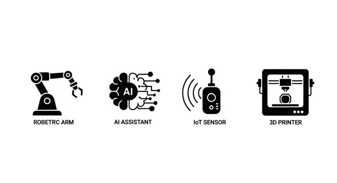 Robotics, AI, IoT, and 3D Printing Icons: Future Technology Concept