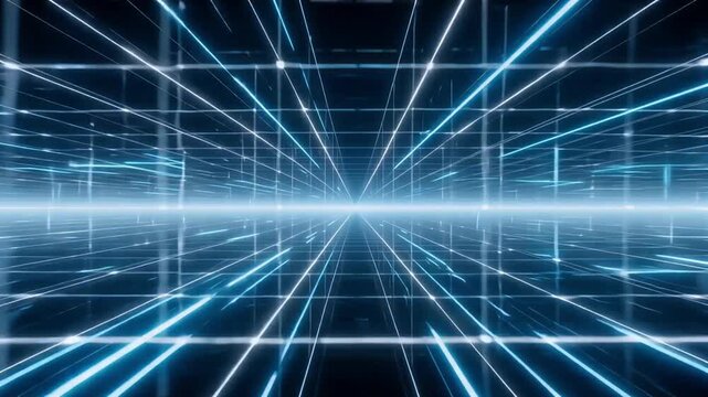 Glowing blue laser grid lines moving forward in a fast digital cyberspace motion animation clip