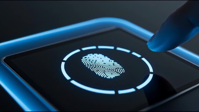 Finger pressing digital biometric fingerprint scanner on glowing glass interface, for secure identity verification, advanced data protection, modern system access, digital authentication