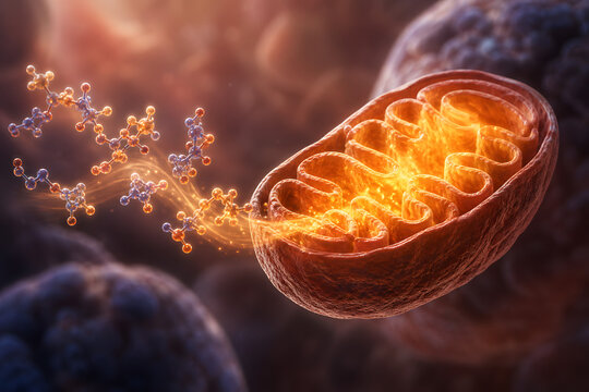 Glowing coenzymes energizing mitochondrion in a living cell