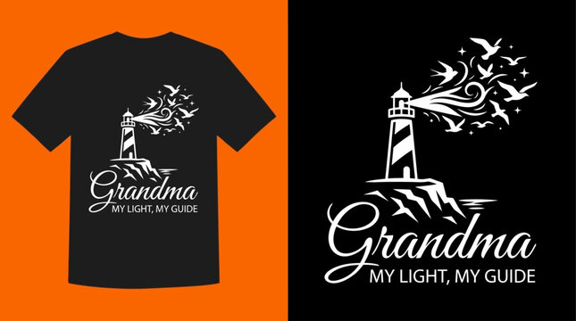 A heartwarming graphic design featuring a steadfast lighthouse guiding the way with birds in flight, symbolizing a grandmother's unwavering love and direction