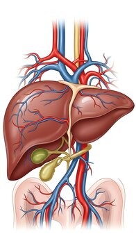 Detailed anatomical illustration of human liver and gallbladder.