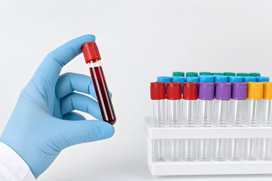 Gloved Hand Holding Blood Sample Vial In Laboratory