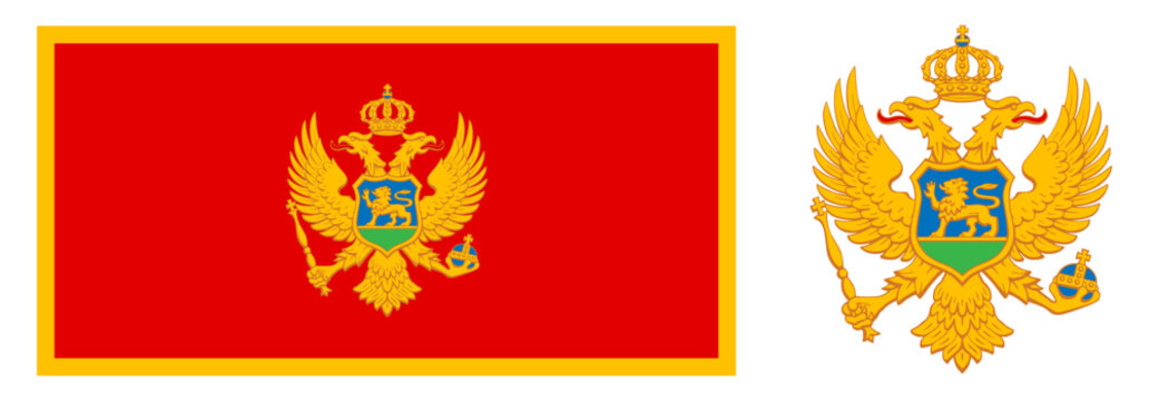 National flag and coat of arms of Montenegro featuring a golden double-headed eagle, crown, and a lion on a shield