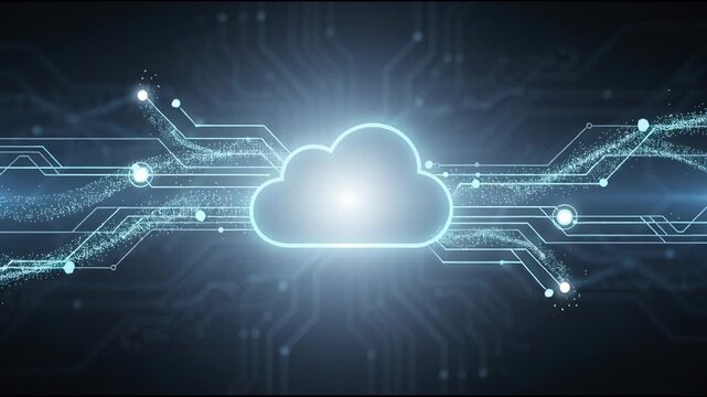Glowing cloud icon hovering over digital circuit board with flowing data particles, for cloud computing infrastructure, network security, global information storage, modern connectivity