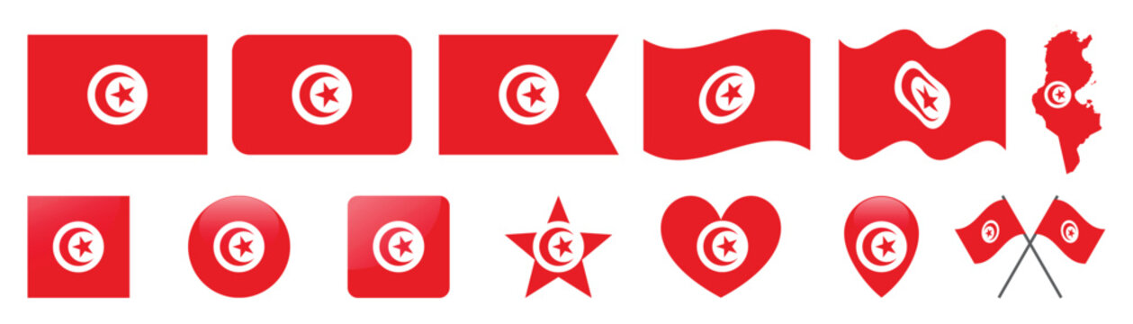 Vector illustration of Tunisia flag icons in various shapes and forms