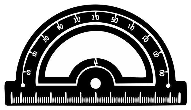 Black and white protractor with degree markings for drafting, illustration and geometry assignments in academic education