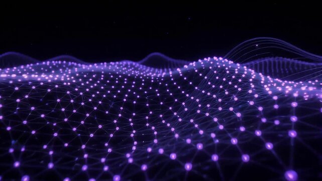 Glowing purple data network particles forming digital waves in this smooth abstract motion video clip animation