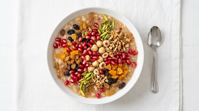 Aşure Noah's pudding Turkish aşure Noah's pudding with dried fruit nuts pomegranate on white plate overhead flat lay