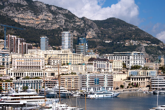 Monte Carlo architecture, yachts, hill and blue sky